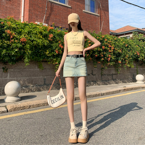 Real shot of denim skirt for women 2024 summer new high-waist elastic anti-exposure hot girl hip-covering short skirt