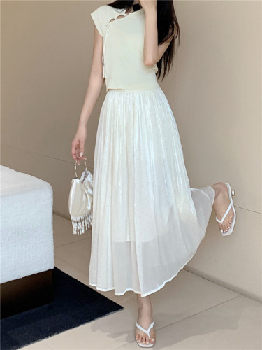 Actual shot of 2024 summer hot diamond streamer yarn skirt women's mid-length slimming large hem pleated A-line umbrella skirt