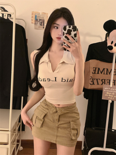 Real shot!  Spring new hot girl polo collar camisole women's inner letter bottoming top
