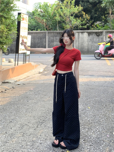 Actual shot ~ Spring and summer high-waisted polka-dot casual pants for women, loose drapey straight pants and wide-leg pants