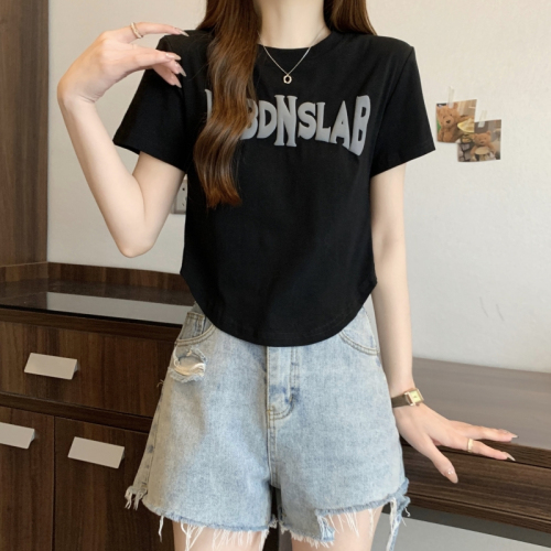 Real shot 40 count pure cotton 2024 summer new style letter foam printed short-sleeved T-shirt for women Iins trendy and versatile