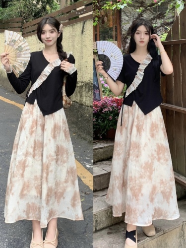 Real shot of Chinese-style design irregular hollow short-sleeved top high-waisted skirt women's summer two-piece set