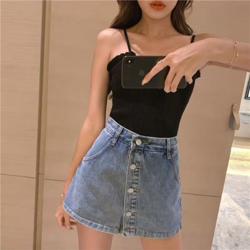 Jeans skirt shorts women's summer skirt high-waisted A-line short skirt loose-breasted and slim Korean version for small students