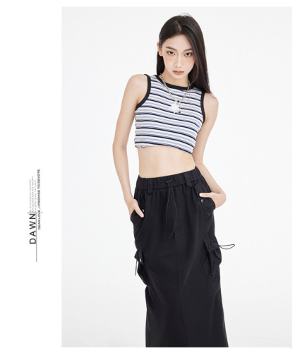 Real shot of Tencel cotton thin workwear drawstring skirt new slit casual mid-length skirt for women