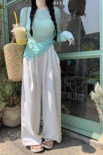 Real shot of mint green petite long-sleeved sun protection thin slightly see-through top straight lazy casual pants two-piece set