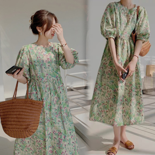 夏装新款大码女装泡泡袖绿色碎花宽松法式复古长裙M-4XL200斤