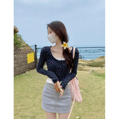 Actual shot of early spring design floral cardigan T-shirt for women new long-sleeved U-neck slim fit short top jacket