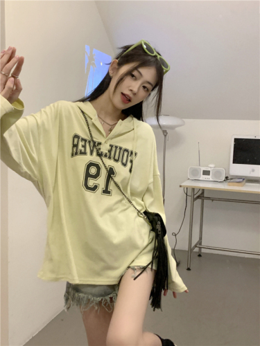 Actual shot Korean style letter printed pullover T-shirt sun protection clothing for women spring and summer loose long-sleeved thin hooded top