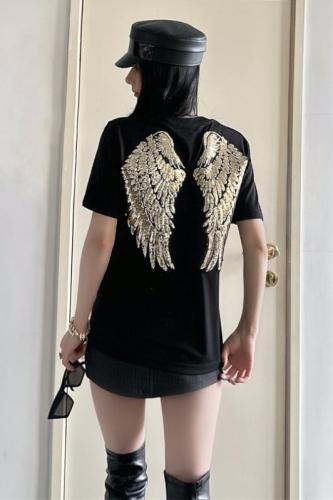Actual shot of 2024 spring, summer and autumn Korean Dongdaemun Internet celebrity GLYP heavy industry handmade short-sleeved wing T-shirt for women