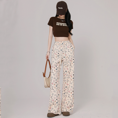 Actual shot of new spring high-waisted drawstring bleating puppy print loose lazy casual pants