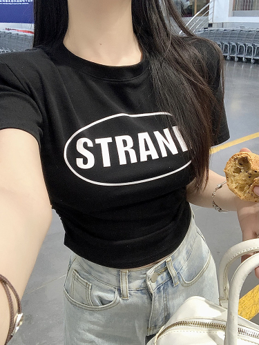 Real shot Korean style letter printed round neck T-shirt summer new pleated slim fit top