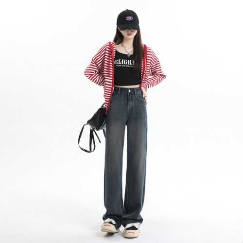 Real shot Chuishun 2024 spring high-waisted wide-leg floor-length trousers towel bottom soft denim comfortable loose straight denim