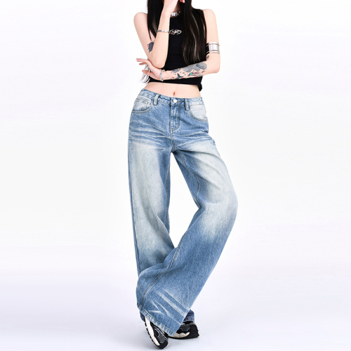 Real shot creased distressed washed jeans summer 2024 new floor-length slimming loose straight wide-leg pants