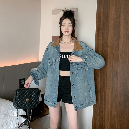 Actual shot ~ Retro contrasting color splicing lapel denim jacket for women, spring and autumn loose and chic Hong Kong style jacket top