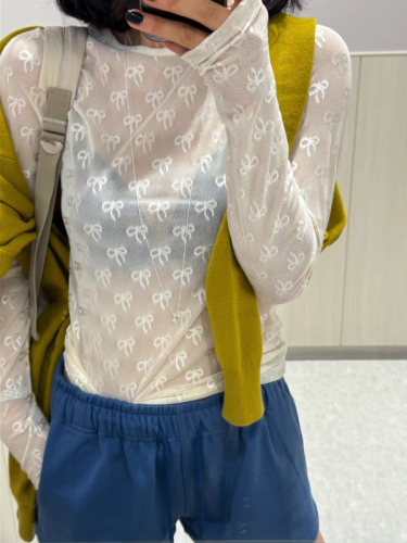 South Korea Dongdaemun bow hollow see-through lace T-shirt