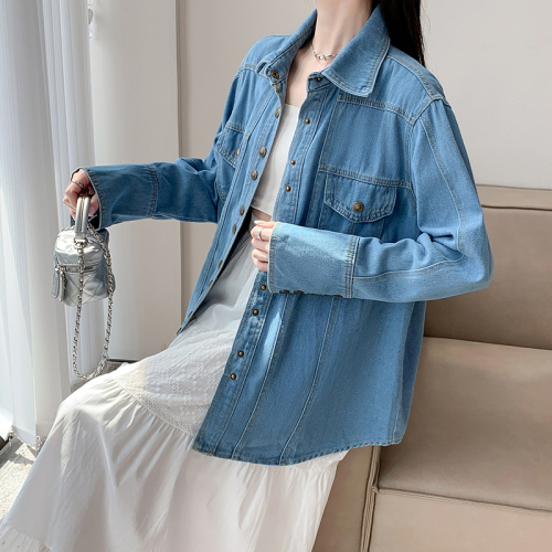 Real shot~Designed denim jacket shirt spring 2024 new dark blue mid-length shirt top