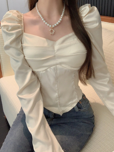 Real shot~ Temperament short tube top long-sleeved top for women heavy industry puff sleeve spring shirt with stylish new design
