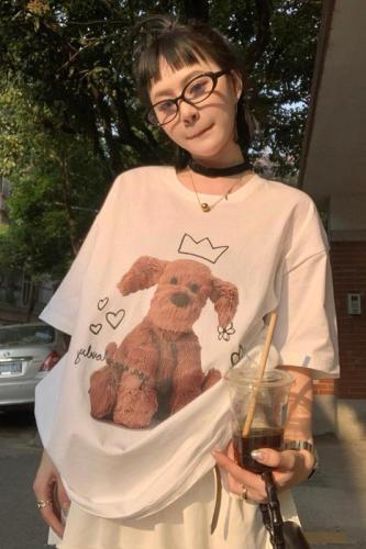 Real shot Korean version of ins cartoon bear print short-sleeved T-shirt loose and versatile casual top for women chic