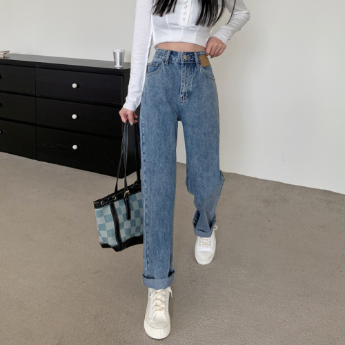 Real shot of spring and autumn denim blue loose high-waisted wide-leg pants 2024 new jeans