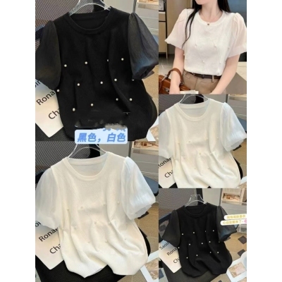 Beaded puff sleeves, chiffon splicing knitted 2024 new style, stylish and beautiful shirt, age-reducing temperament top, round neck