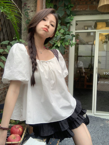 Real shot French sweet bow tie puff sleeve shirt women's summer niche fashion top
