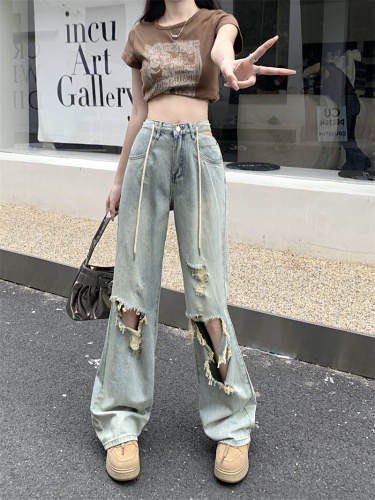 Actual shot of Korean-style temperament washed wide-leg jeans for women spring 2024 new design chic floor-length long pants