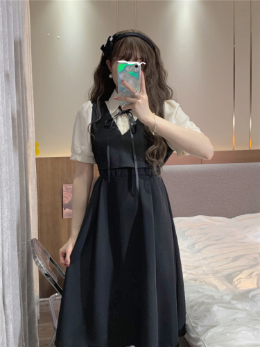 Real shot of summer new style French Hepburn style mid-length dress fake two-piece short-sleeved bottoming skirt women's dress
