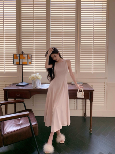 Real shot of French sleeveless three-dimensional tailoring slim dress high-end mid-length extra large hem A-line skirt dress