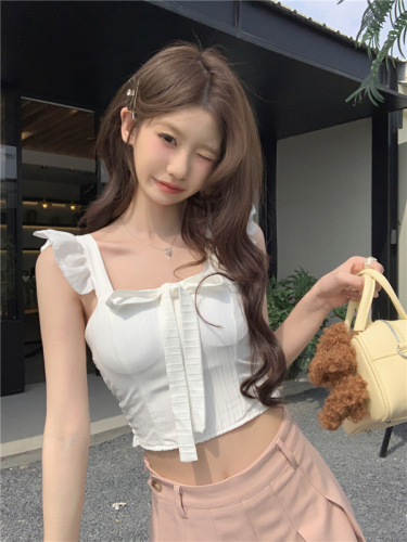 Real shot of bow tie with small flying sleeves and chest padded vest for women in spring and summer, Korean version, sweet and versatile short style, beautiful back