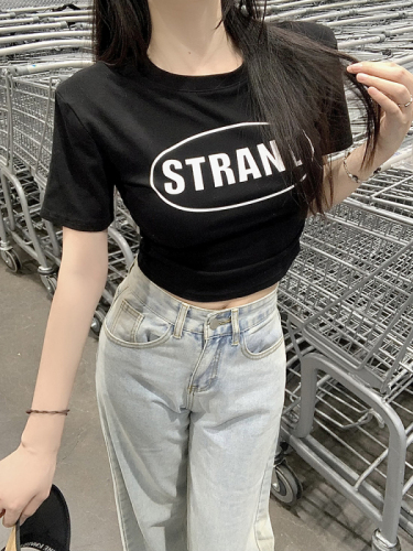 Real shot Korean style letter printed round neck T-shirt summer new pleated slim fit top