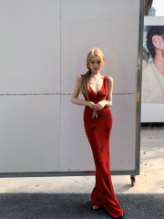 Actual shot of retro burgundy printed V-neck sexy and elegant dress