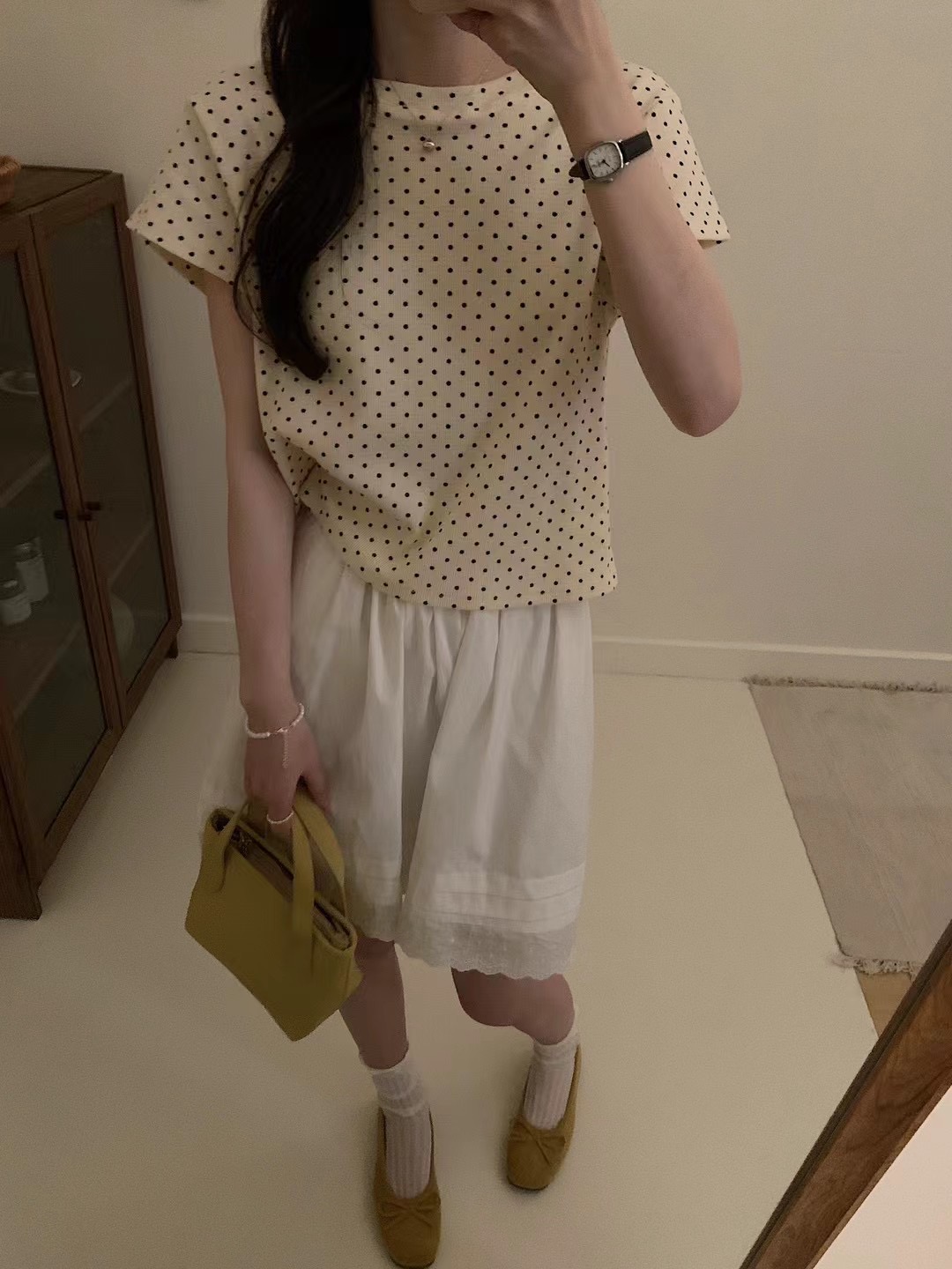 Actual shot~Korean style artistic slim round neck short style slimming and age-reducing versatile polka dot short-sleeved T-shirt