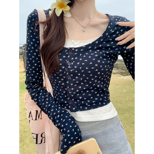 Actual shot of early spring design floral cardigan T-shirt for women new long-sleeved U-neck slim fit short top jacket