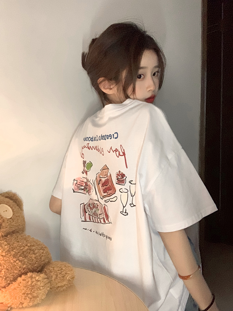 原創~實拍~後背印花純棉短袖T恤女印花半袖上衣