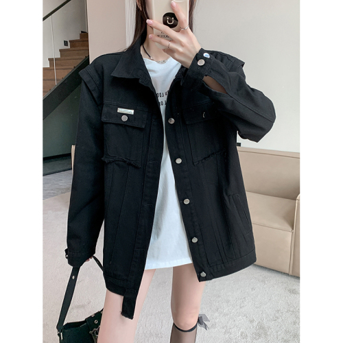 Real shot ~ American retro black denim jacket for women spring and autumn new loose jacket student jacket ins trend