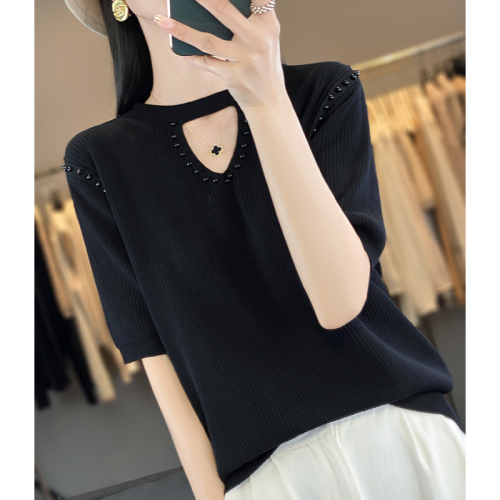 Real shot!  !  There’s a big picture!  2024 spring and summer new style sweater heavy industry beading pit strip short-sleeved t-shirt for women