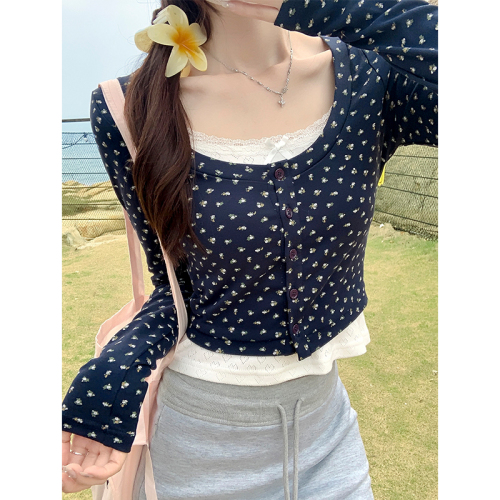 Actual shot of early spring design floral cardigan T-shirt for women new long-sleeved U-neck slim fit short top jacket