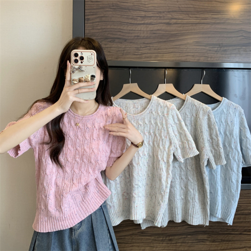 Actual shot of the new Korean style curled round neck colorful twist high-end knitted short-sleeved T-shirt top for women