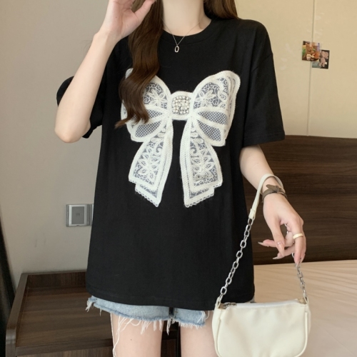 Actual shot of 2024 summer 32-count double yarn embroidered beaded bow short-sleeved T-shirt for women loose