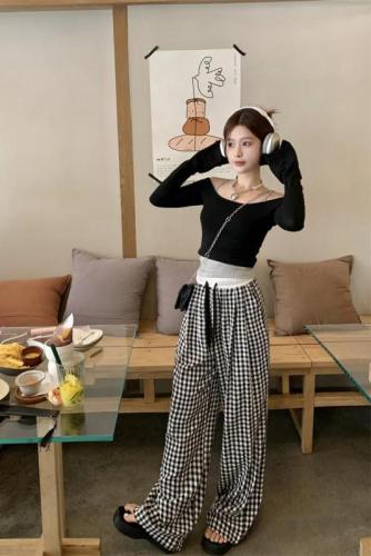 Real shot of black sweet and spicy sun protection shirt + plaid wide-leg pants three-piece set