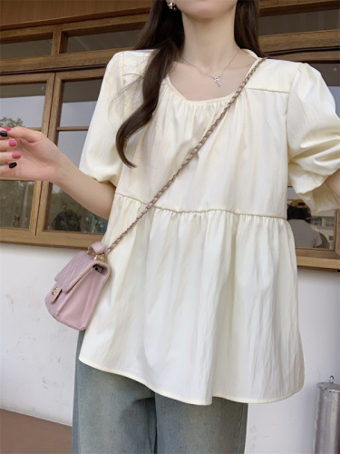 66036 Real shot of large size French sweet square collar shirt, unique and slim puff sleeve top in summer