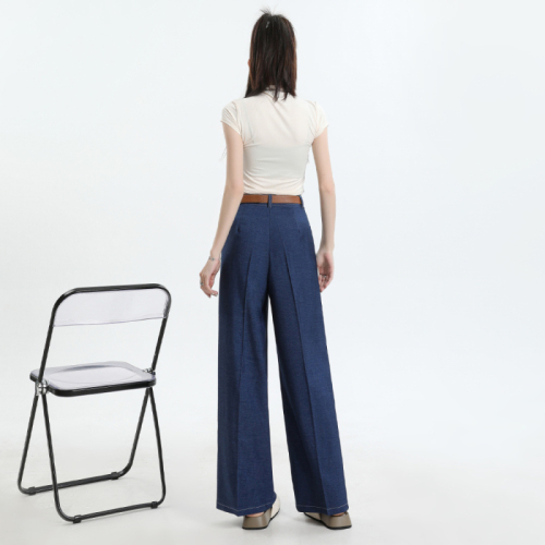 Real shot of Tencel jeans for women, summer thin, spring and autumn, tall, high-waisted, dark blue straight-leg ice silk wide-leg pants