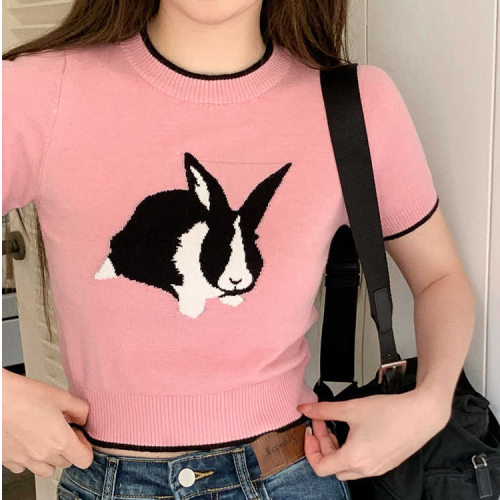 2024夏季新款日系甜美兔子针织衫女甜酷风辣妹短款显瘦短袖T恤潮