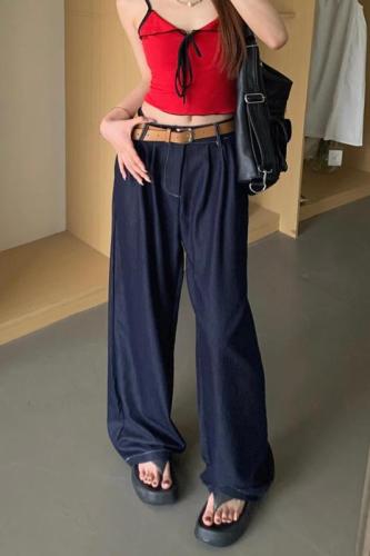 Actual shot of dark blue drapey wide-leg Tencel imitation denim suit pants for women with high waist and slim straight casual pants