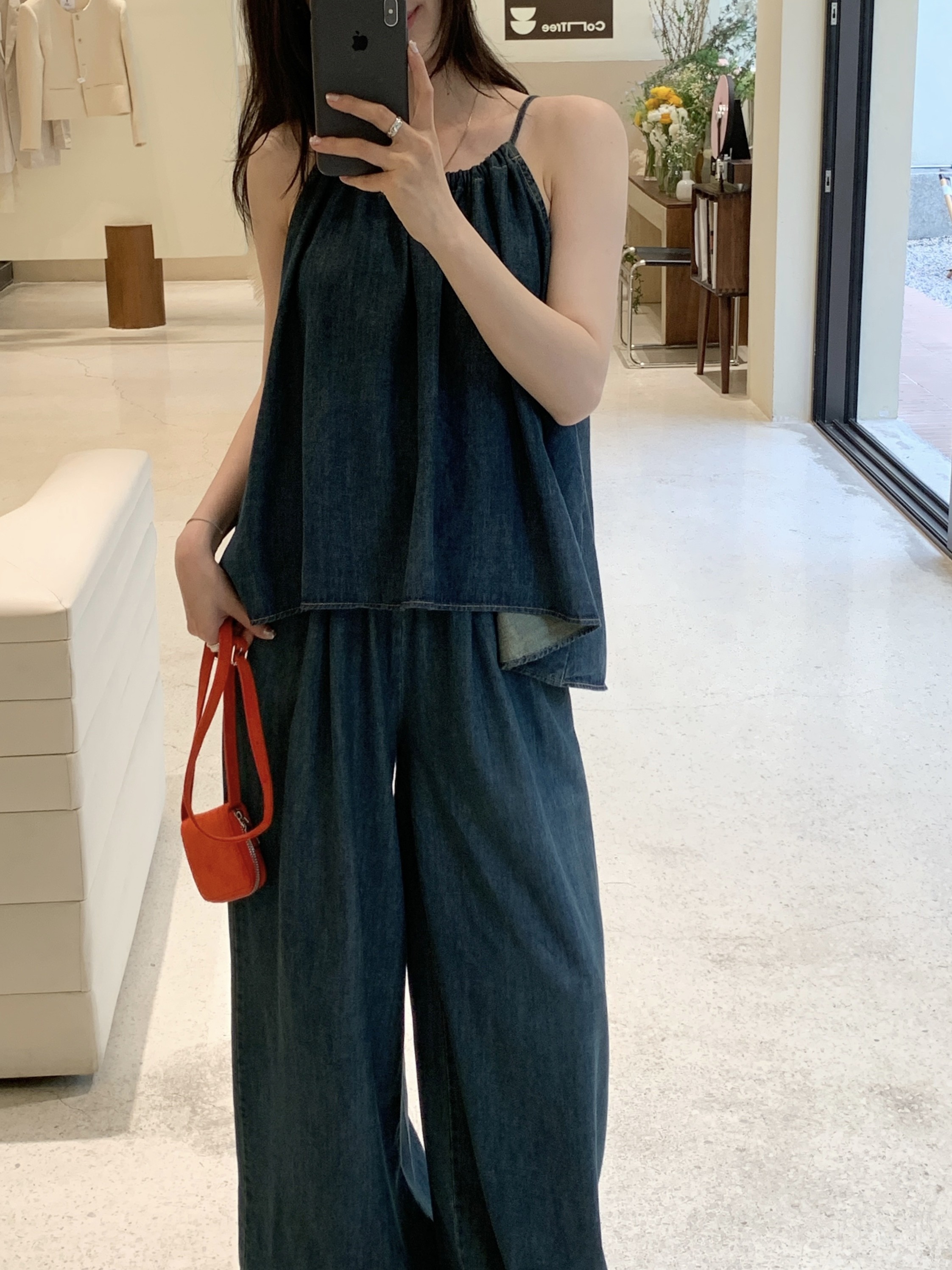 Actual shot Korean style holiday style simple drawstring halter vest denim top + loose wide-leg casual pants suit