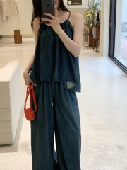 Actual shot Korean style holiday style simple drawstring halter vest denim top + loose wide-leg casual pants suit