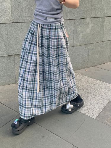 Real shot 2024~Contrast color plaid mid-length skirt casual elastic waist A-line long skirt with drawstring