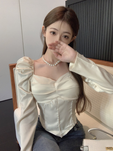 Real shot~ Temperament short tube top long-sleeved top for women heavy industry puff sleeve spring shirt with stylish new design
