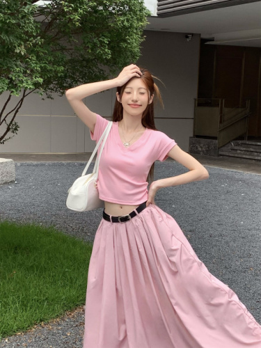 实拍~韩版显瘦V领短袖T恤+半身裙