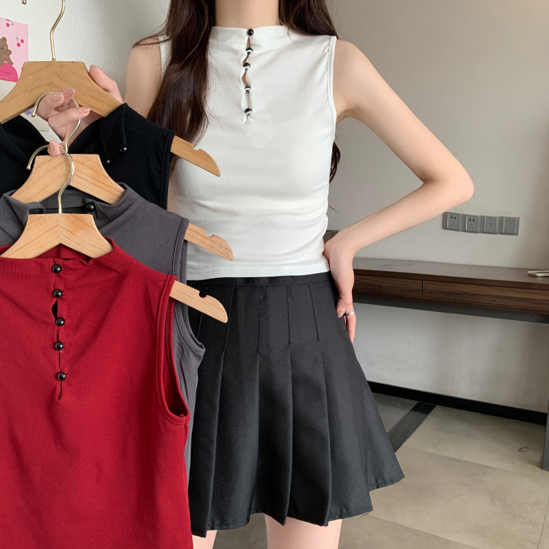 實拍 甜辣妹少女半高領無袖背心夏修身短款獨特打底上衣
